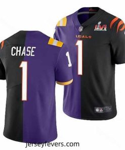 Cincinnati Bengals 1 Ja 27Marr Chase 2022 Purple Black Split Super Bowl LVI Stitched Jerse