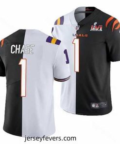 Cincinnati Bengals 1 Ja 27Marr Chase 2022 White Black Split Super Bowl LVI Stitched Jerse