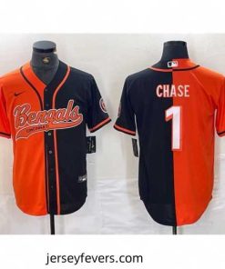 Cincinnati Bengals 1 Ja 27Marr Chase Black Orange Split With Patch Cool Base Stitched Baseball Jersey