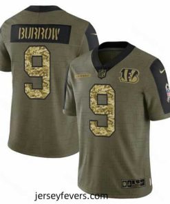Cincinnati Bengals 9 Joe Burrow 2021 Salute To Service Olive Camo Limited Stitched Jersey