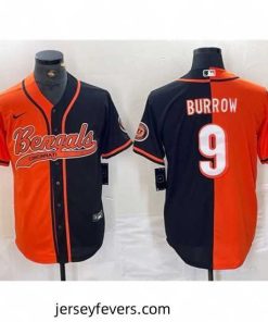 Cincinnati Bengals 9 Joe Burrow Black Orange Split With Patch Cool Base Stitched Baseball Jersey