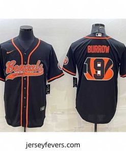 Cincinnati Bengals 9 Joe Burrow Black Team Big Logo With Patch Cool Base Stitched Baseball Jersey