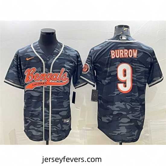 Cincinnati Bengals 9 Joe Burrow Grey Camo With Patch Cool Base Stitched Baseball Jersey