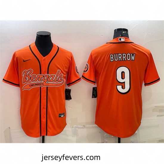 Cincinnati Bengals 9 Joe Burrow Orange With Patch Cool Base Stitched Baseball Jersey