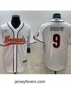 Cincinnati Bengals 9 Joe Burrow White With Patch Cool Base Stitched Baseball Jersey