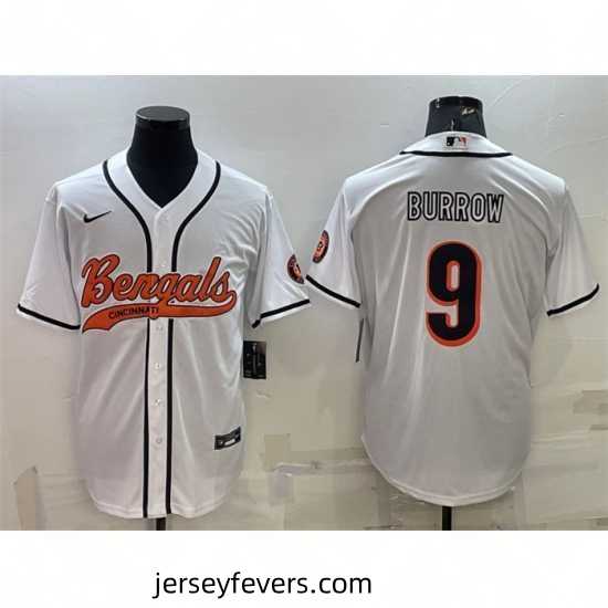 Cincinnati Bengals 9 Joe Burrow White With Patch Cool Base Stitched Baseball Jersey