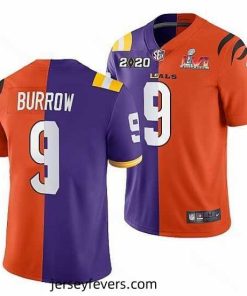 Cincinnati Bengals X LSU Tigers 9 Joe Burrow 2022 Purple Orange Split Super Bowl LVI Stitched Jerse