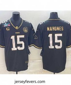 Kansas City Chiefs 15 Patrick Mahomes Black Gold Super Bowl LVII Patch And 4 Star C Patch Vapor Untouchable Limited Stitched Jersey