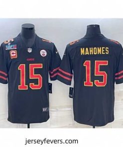 Kansas City Chiefs 15 Patrick Mahomes Black Red Gold Super Bowl LVII Patch And 4 Star C Patch Vapor Untouchable Limited Stitched Jersey