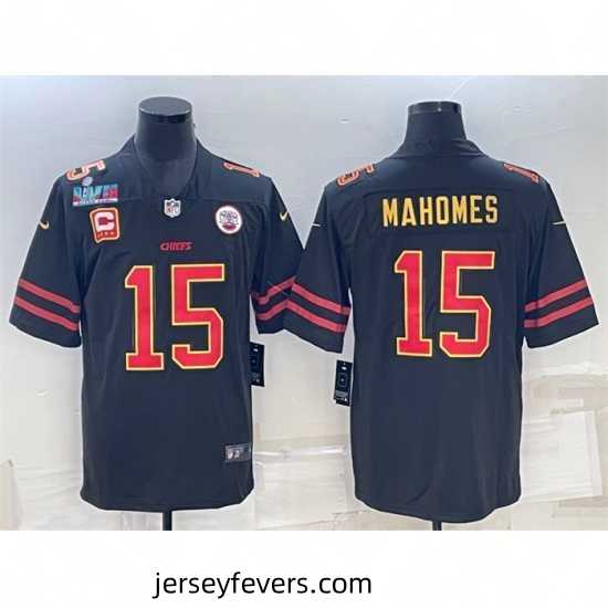 Kansas City Chiefs 15 Patrick Mahomes Black Red Gold Super Bowl LVII Patch And 4 Star C Patch Vapor Untouchable Limited Stitched Jersey