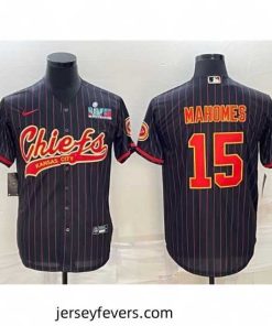 Kansas City Chiefs 15 Patrick Mahomes Black With Super Bowl LVII Patch Cool Base Stitched Baseball Jersey