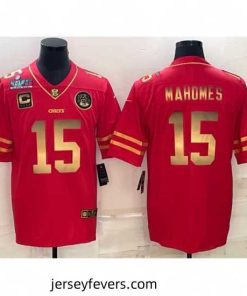 Kansas City Chiefs 15 Patrick Mahomes Red Gold Super Bowl LVII Patch And 4 Star C Patch Vapor Untouchable Limited Stitched Jersey