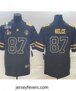 Kansas City Chiefs 87 Travis Kelce Black Golden Super Bowl LV And Super Bowl LVII Patch Vapor Limited Stitched Jersey