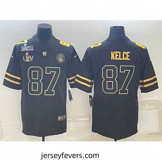 Kansas City Chiefs 87 Travis Kelce Black Golden Super Bowl LV And Super Bowl LVII Patch Vapor Limited Stitched Jersey