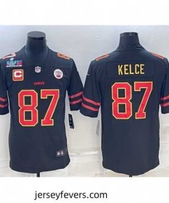 Kansas City Chiefs 87 Travis Kelce Black Red Gold Super Bowl LVII Patch And 4 Star C Patch Vapor Untouchable Limited Stitched Jersey