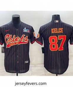 Kansas City Chiefs 87 Travis Kelce Black With Super Bowl LVII Patch Cool Base Stitched Baseball Jersey