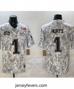 Philadelphia Eagles 1 Jalen Hurts Arctic Camo 2025 Super Bowl LIX Patch F.U.S.E Salute To Service Limited Stitched Football Jersey