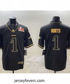 Philadelphia Eagles 1 Jalen Hurts Black Gold 2025 Super Bowl LIX Patch Salute To Service Vapor Untouchable Limited Stitched Football Jersey