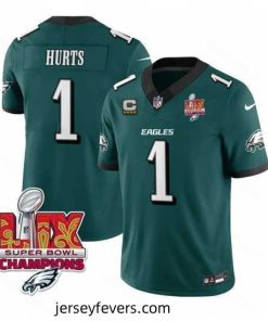 Philadelphia Eagles 1 Jalen Hurts Green 2025 Eagles Logo Super Bowl LIX Patch With 4 Star C Patch New F.U.S.E  Vapor Untouchable Limited Stitched Footb