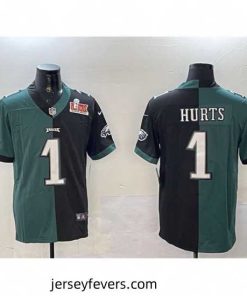 Philadelphia Eagles 1 Jalen Hurts Green  26 Black Split 2025 Super Bowl LIX Patch Vapor Untouchable Limited Stitched Football Jersey