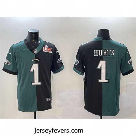 Philadelphia Eagles 1 Jalen Hurts Green 26 Black Split 2025 Super Bowl LIX Patch Vapor Untouchable Limited Stitched Football Jersey