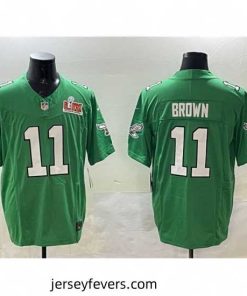 Philadelphia Eagles 11 A J  Brown Green 2025 Super Bowl LIX Patch F.U.S.E  Throwback Vapor Untouchable Limited Stitched Football Jersey