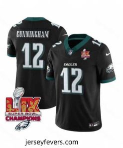 Philadelphia Eagles 12 Randall Cunningham Black 2025 Eagles Logo Super Bowl LIX Patch New F.U.S.E  Vapor Limited Stitched Football Jersey