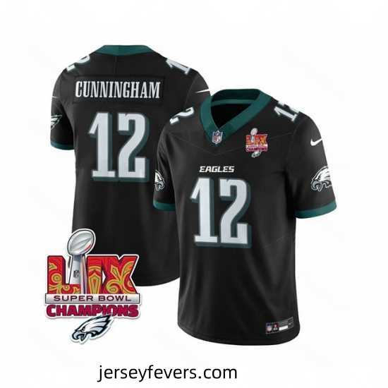 Philadelphia Eagles 12 Randall Cunningham Black 2025 Eagles Logo Super Bowl LIX Patch New F.U.S.E Vapor Limited Stitched Football Jersey