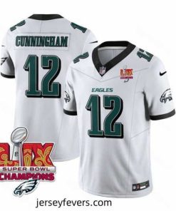 Philadelphia Eagles 12 Randall Cunningham White 2025 Eagles Logo Super Bowl LIX Patch New F.U.S.E  Vapor Limited Stitched Football Jersey