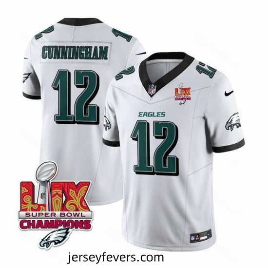 Philadelphia Eagles 12 Randall Cunningham White 2025 Eagles Logo Super Bowl LIX Patch New F.U.S.E Vapor Limited Stitched Football Jersey