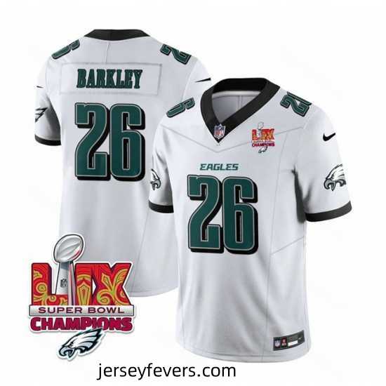 Philadelphia Eagles 26 Saquon Barkley White 2025 Eagles Logo Super Bowl LIX Patch New F.U.S.E Vapor Untouchable Limited Stitched Football Jersey