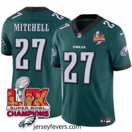Philadelphia Eagles 27 Quinyon Mitchell Green 2025 Eagles Logo Super Bowl LIX Patch New F.U.S.E Vapor Untouchable Limited Stitched Football Jersey