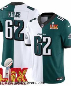 Philadelphia Eagles 62 Jason Kelce White Green Split 2025 Super Bowl LIX Patch F.U.S.E  Vapor Untouchable Limited Stitched Football Jersey
