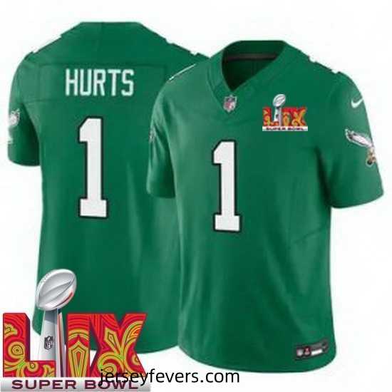 Philadelphia Eagles Jalen Hurts #1 Kelly Green 2024 2025 Super Bowl LIX F.U.S.E Stitched NFL Jersey
