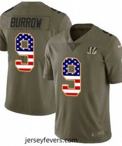 Nike Bengals 9 Joe Burrow Olive USA Flag Stitched NFL Limited 2017 Salute To Service Jersey