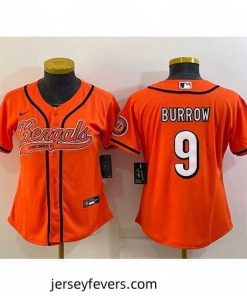 Cincinnati Bengals 9 Joe Burrow Orange With Patch Cool Base Stitched Baseball Jersey