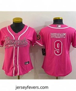 Cincinnati Bengals 9 Joe Burrow Pink With Patch Cool Base Stitched Baseball Jersey