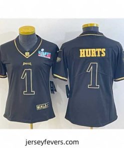 Philadelphia Eagles 1 Jalen Hurts Black Golden Edition Super Bowl LVII Patch Stitched Football Jersey
